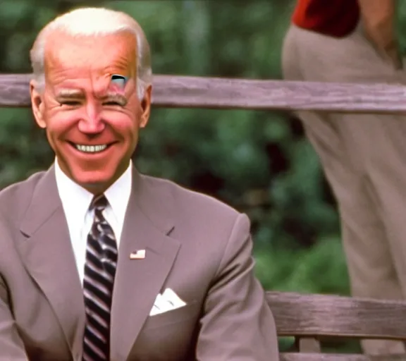 Prompt: color film still of joe biden sitting on a bench in the film forrest gump 1 9 9 4, grinning, close up, detailed