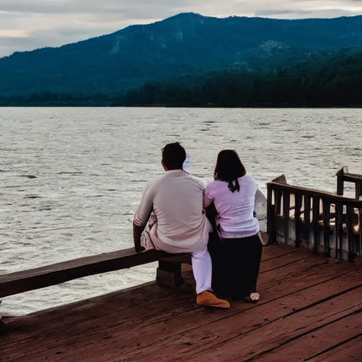 Prompt: couple sitting on the dock of the bay, bordali ii