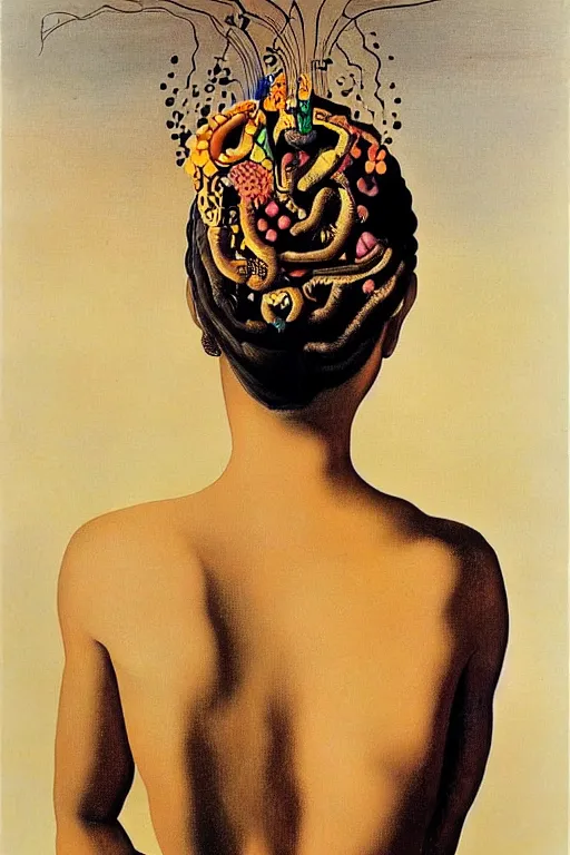 Image similar to beautiful woman by salvador dali, intricated details, 3 / 4 back view, hair styled in a bun, bendover posture, full body portrait, bright design, drips, autumn lights