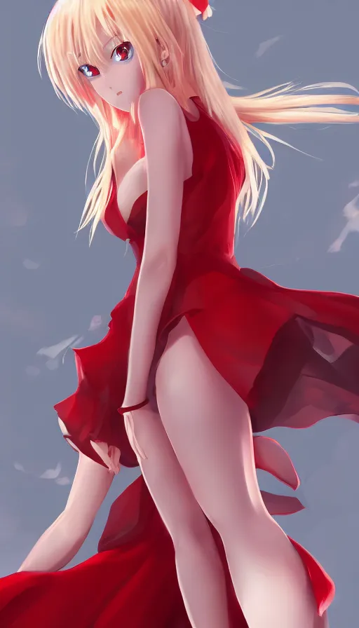 Prompt: beautiful female anime character, blonde, with red dress, concept art, character concept, digital art, artstation, detailed, 4 k