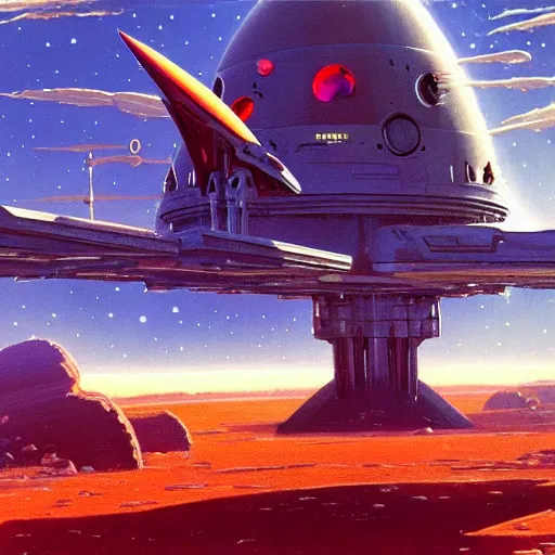 Prompt: painting of a spaceship above an alien planet, ultra detailed, high resolution, by paul lehr robert mccall, 8 k