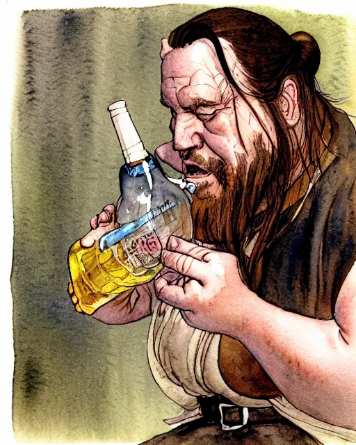 Image similar to a realistic and atmospheric watercolour fantasy character concept art portrait of a fat, chibi qui - gon jinn drinking out of a bottle with pink eyes wearing a wife beater. by rebecca guay, michael kaluta, charles vess and jean moebius giraud