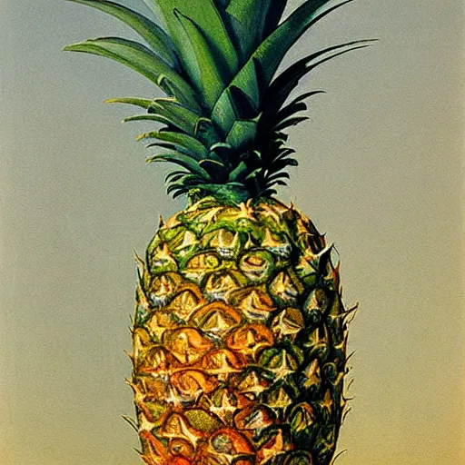Prompt: le fils de l'homme but with a pineapple, painting by rene magritte, high detail, high resolution