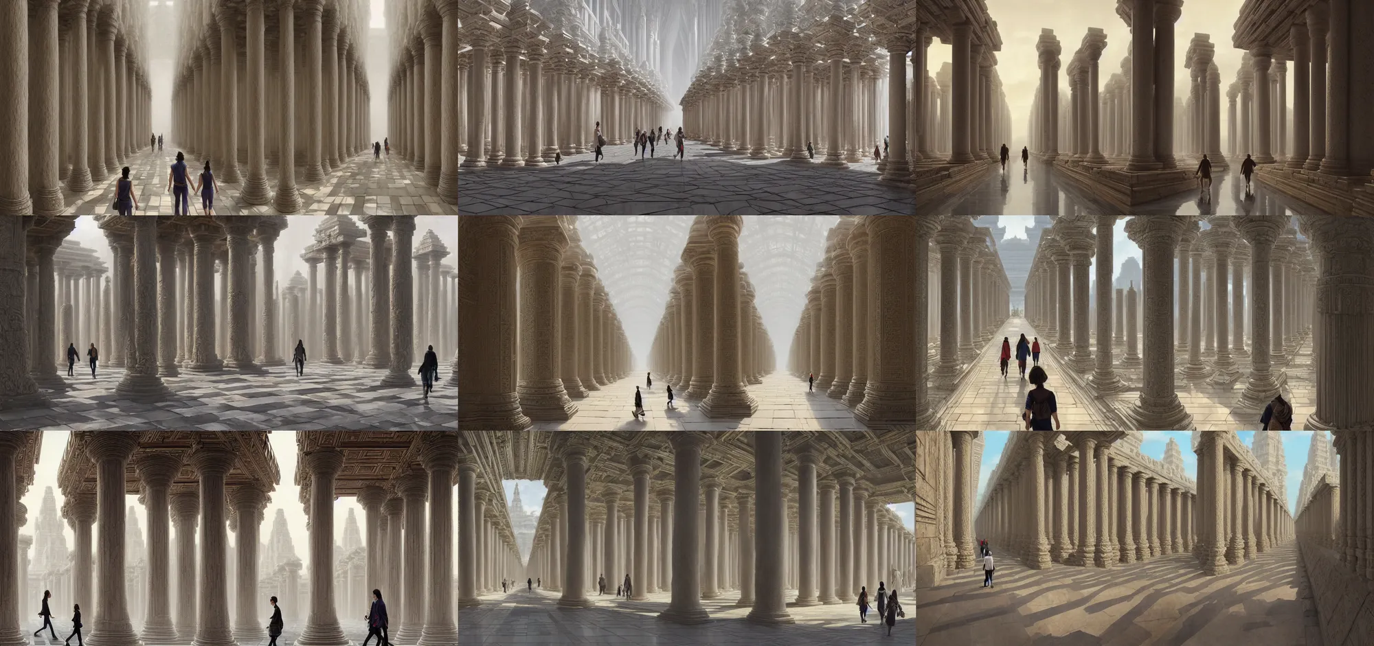 Prompt: symmetry!! two people walking down the center of a massive stone temple with rows of large pillars flanking either side of the pathway shot from over the shoulder thirds person perspective, intricate, elegant, highly detailed, digital painting, artstation, concept art, smooth, sharp focus, illustration, art by artgerm and greg rutkowski and alphonse mucha, 8 k