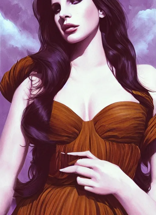 Image similar to lana del rey as a heroine with a dress inspired by american horror story, holding her chest, large bosum, digital painting, artstation, concept art, smooth, sharp focus, illustration, in - frame, centered, art by artgerm and donato giancola and joseph christian leyendecker, ross tran, wlop