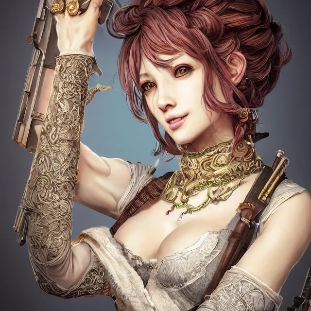 Image similar to the portrait of lawful neutral semi - colorful female hunter socialite as absurdly beautiful, gorgeous, elegant, young gravure idol, an ultrafine hyperdetailed illustration by kim jung gi, irakli nadar, intricate linework, bright colors, octopath traveler, final fantasy, unreal engine 5 highly rendered, global illumination, radiant light, detailed and intricate environment