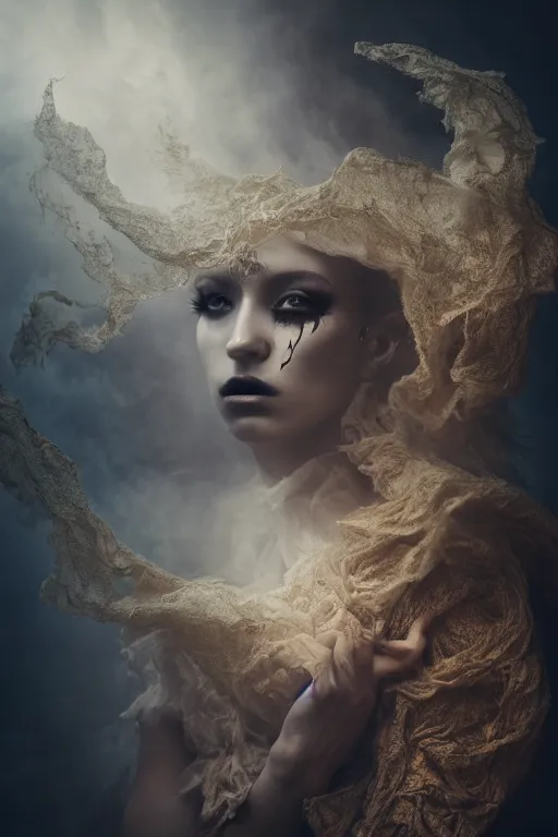 Image similar to photoshoot of chloe bailey as mysterious dark goddess of death, realism, clouds, swirling energy, torn fabric, elaborate ornate growth, gilded relief, volumetric lighting, light shafts, ambient light, trending on artstation, by alessio albi