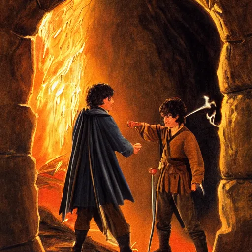 Image similar to Frodo and Harry Potter fight over the one ring at the doorway to mount-doom, painting