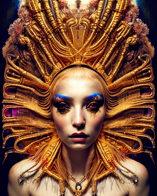 Image similar to hyperrealistic detailed portrait of a beautiful goddess in an iridescent - gold ornamental headdress, intricate cyberpunk make - up, golden face tattoos, art by android jones, john william godward, nekro borja, gothic - cyberpunk, beautiful deep colours,