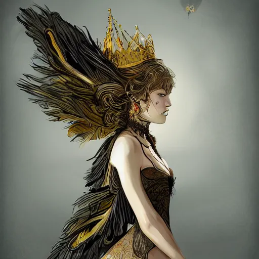 Image similar to , a woman with a golden crown shaped like the wings of a crow, she wears clothes made of feathers through which smoke and fog goes, intricate, elegant, highly detailed, digital painting, artstation, concept art, smooth, sharp focus, illustration, art by Terry Moore