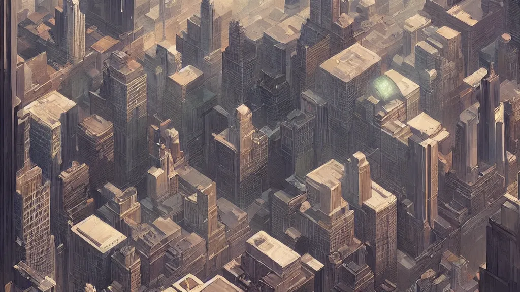 Image similar to isometric view of chicago, il, beautiful painting by greg rutkowski, trending on artstation