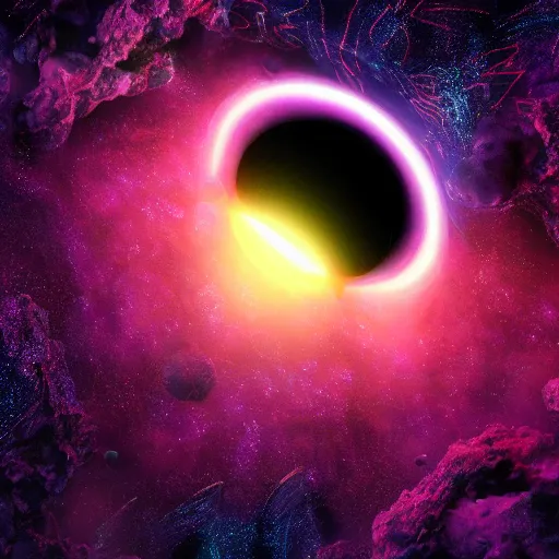 Image similar to glowing glorious 3D black hole in movie, intergalactic, space theme, galaxy colored, hyperdetailed, digital painting, trending on Artstation, cel-shading style, CG society, hyperdetailed, digital painting, hypermaximalist, golden ratio, volumetric, octane render, weta digital, micro details, 3d sculpture