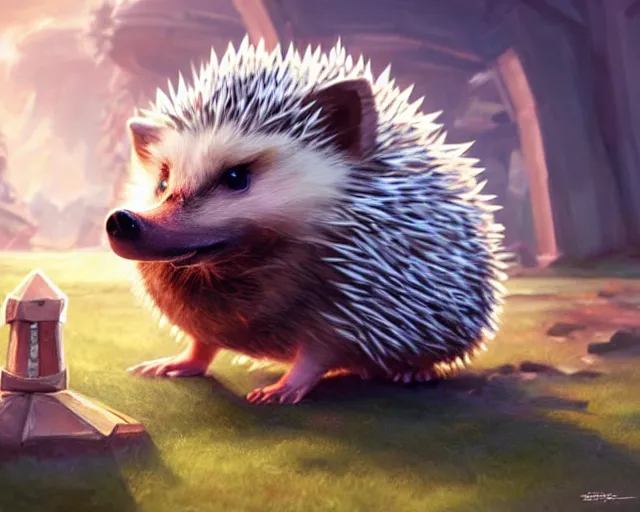 Image similar to a super cute anthropomorphic hedgehog from final fantasy, outside a big pokemon sword and shield school, deep focus, d & d, fantasy, intricate, elegant, highly detailed, digital painting, artstation, concept art, matte, sharp focus, illustration, hearthstone, art by artgerm and greg rutkowski and alphonse mucha