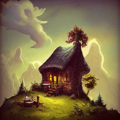 Prompt: beautiful matte painting of a cottage on a hill whimsical by brian kesinger
