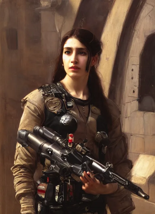 Image similar to beautiful cyberpunk pilot wearing military vest. Iranian orientalist portrait by john william waterhouse and Edwin Longsden Long and Theodore Ralli and Nasreddine Dinet, oil on canvas. Cinematic, hyper realism, dramatic lighting, high detail 4k