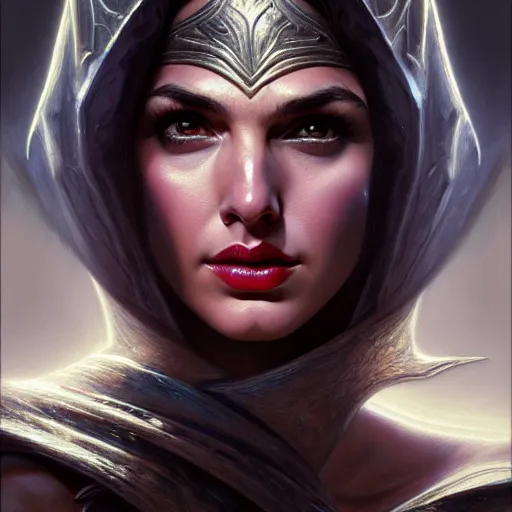 Prompt: head and shoulders Portrait of Gal Gadot as Sylvanas, dark fantasy, medium shot, intricate, elegant, highly detailed, digital painting, volumetric light, artstation, concept art, smooth, sharp focus, illustration, art by Gil Elvgren and Greg Rutkowski and Alphonse Mucha