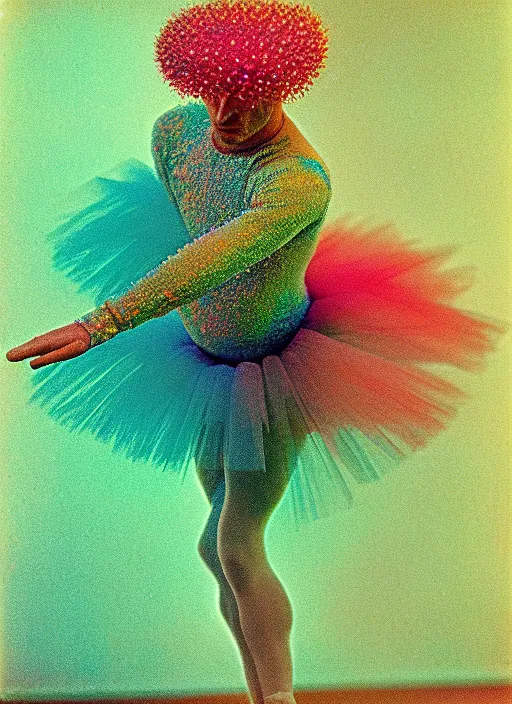 Prompt: realistic photo of a blurred face of a man, covered in shriveling dead semi - translucent iridescent coral reef, emitting aura, in a ballet pose 1 9 6 0, life magazine photo, natural colors, metropolitan museum, kodak, 8 k, very detailed, high resolution, product photo,