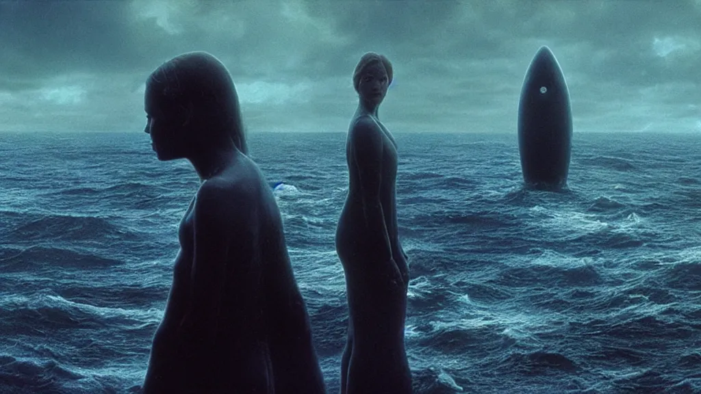 Prompt: photo of Polly Gray coming out of the ocean, extreme detailed face, spaceship far on the background, film still from the movie directed by Denis Villeneuve with art direction by Zdzisław Beksiński, wide lens