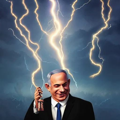 Prompt: portrait of benjamin netanyahu grinning while holding lightning bolts, by artgerm and greg rutkowski