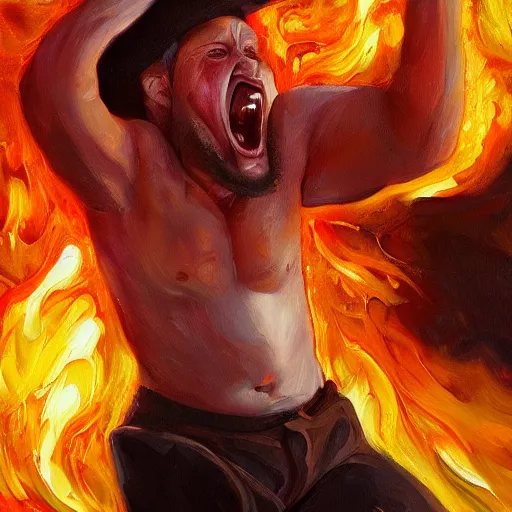 Prompt: a screaming man holds a burning graphics card, expressive oil painting, digital art, trending on artstation