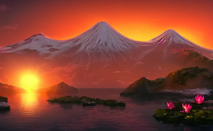 Prompt: a snow topped volcano lit by the sunset, lotus flowers on the water, digital art, artstation, smooth light
