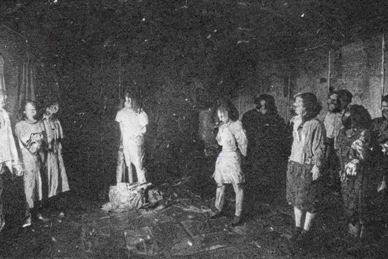 Prompt: photo of a room of people staring at a live demon, the vibe is eerie, the image is low quality and in color, it was found on the deep web.