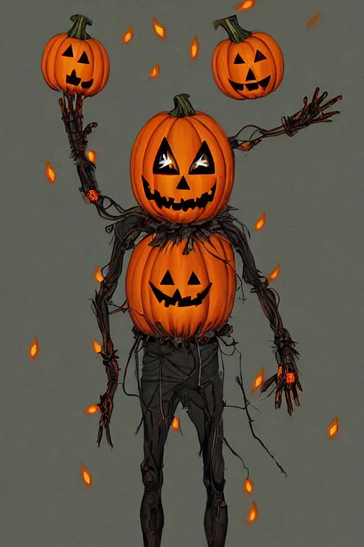 Image similar to a scarecrow with jack - o - lantern head, full body, big two toned eyes, halloween, horror, intricate details, cinematic, epic, realistic, anatomy, tomer hanuka, uplight, artstation, photorealistic, scary