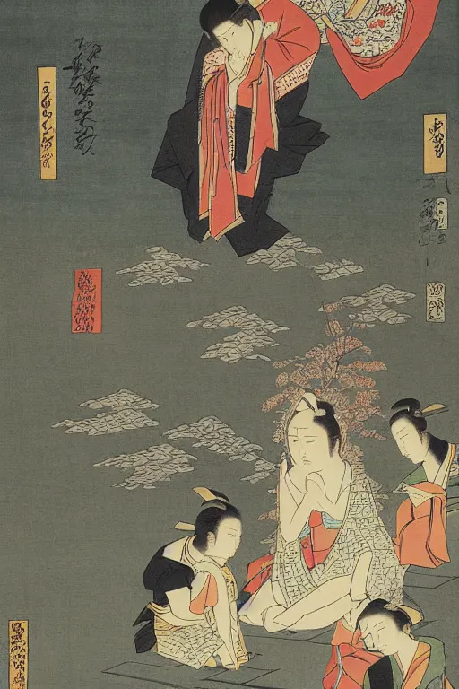 Image similar to the painting'hatsuhana doing penance under the tonosawa waterfall'by utagawa kuniyoshi turned into a 3 d model