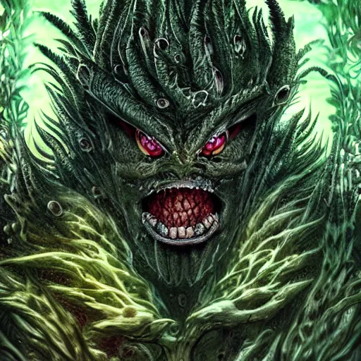 Prompt: a plant monster, menacing expression, nature themed, 4 k, glowing amber eyes, intricate details, highly detailed, kentaro miura art style