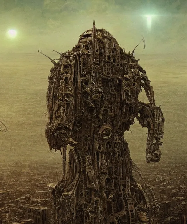 Prompt: a surreal, hellish, and maddening robot made of flesh towering above a destroyed city with a nuclear bomb going off in the background in the style of zdzisław beksinski in the style of h. r. giger trending on artstation deviantart pinterest furaffinity detailed realistic hd 8 k high resolution