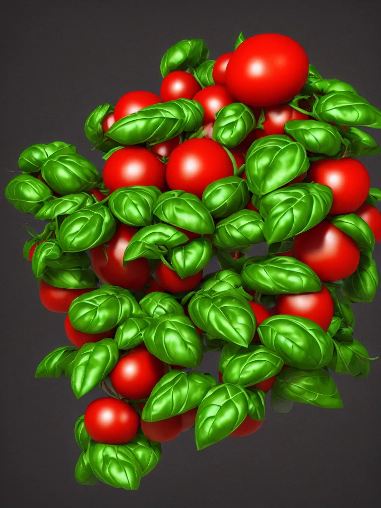 Image similar to highly detailed 3 d render of a mythical tree with sparse leaves of tomatoes and mozzarella! balls and basil leaves, hyper realistic octane render, cinematic lighting, deviantart, lowbrow, surrealism, pixar still