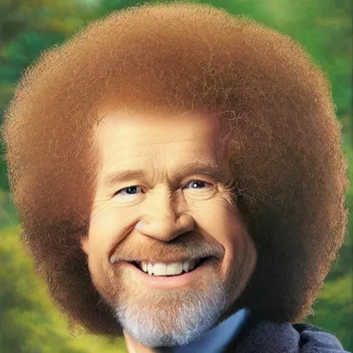 Image similar to bob ross, bushes on head