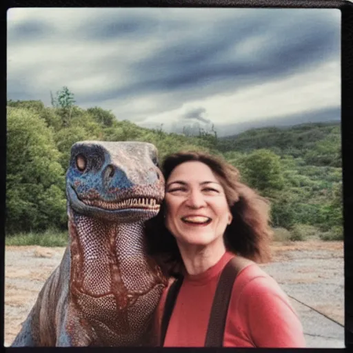 Image similar to polaroid of a happy dinosaur couple as the asteroid hits cinematic 3 5 mm 8 k hdr