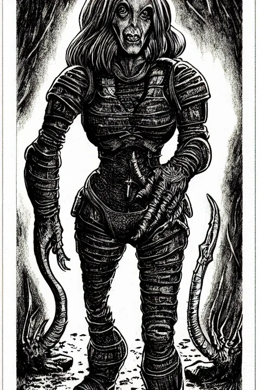 Image similar to dana scully as a d & d monster, full body, pen - and - ink illustration, etching, by russ nicholson, david a trampier, larry elmore, 1 9 8 1, hq scan, intricate details, stylized border