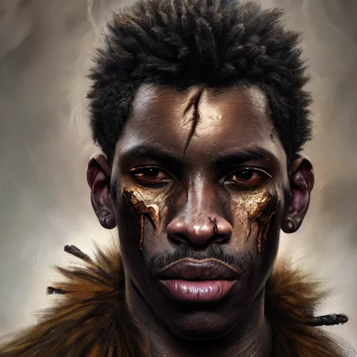 Image similar to portrait painting of a scarred african american man with cropped hair wearing a tattered and feathered coat, ultra realistic, concept art, intricate details, eerie, highly detailed, photorealistic, octane render, 8 k, unreal engine. art by artgerm and greg rutkowski and charlie bowater and magali villeneuve and alphonse mucha