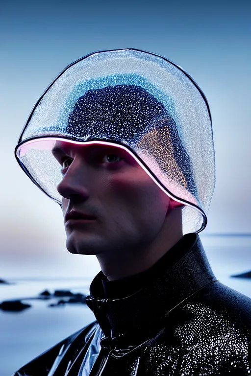 Image similar to an ultra high definition professional high fashion portrait studio full length photograph of a male model wearing a transparent pearlescent raincoat and neon visor in an icelandic black rock environment at dawn. no artefacts. extremely detailed. stark. refraction. shallow depth of field. volumetric light and shadow. ray tracing. light rays.