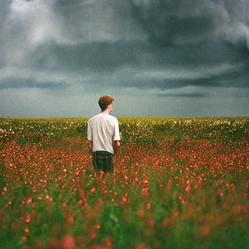 Image similar to close up kodak portra 4 0 0 photograph of a skinny guy standing in field looking at a tornado of flowers, back view, moody lighting, telephoto, 9 0 s vibe, blurry background, vaporwave colors, faded!,