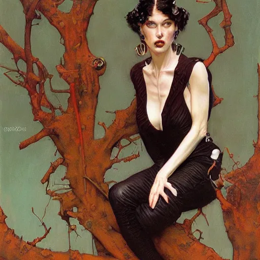 Image similar to portrait of an urban female vampire, with an unusual sense of fashion, by donato giancola and norman rockwell.