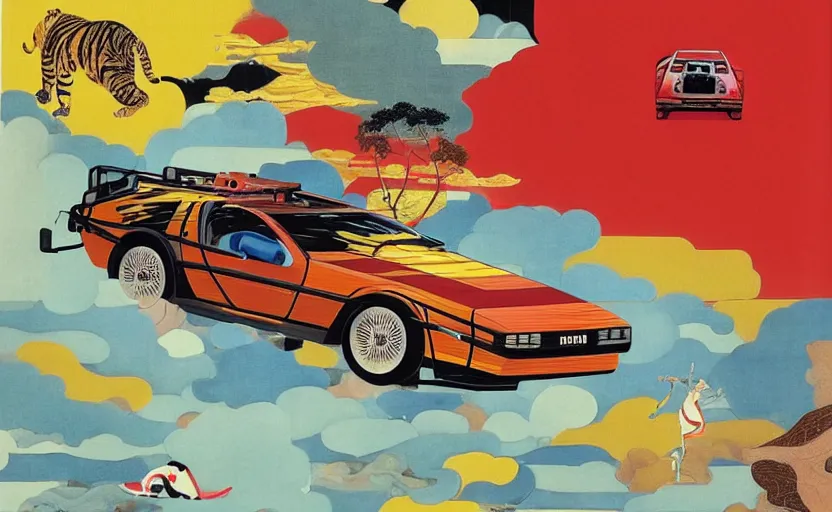 Prompt: a red delorean and a yellow tiger, painting by hsiao - ron cheng, utagawa kunisada & salvador dali, magazine collage style, clouds