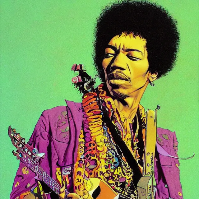 Image similar to a portrait of jimi hendrix with voodoo electronics by moebius