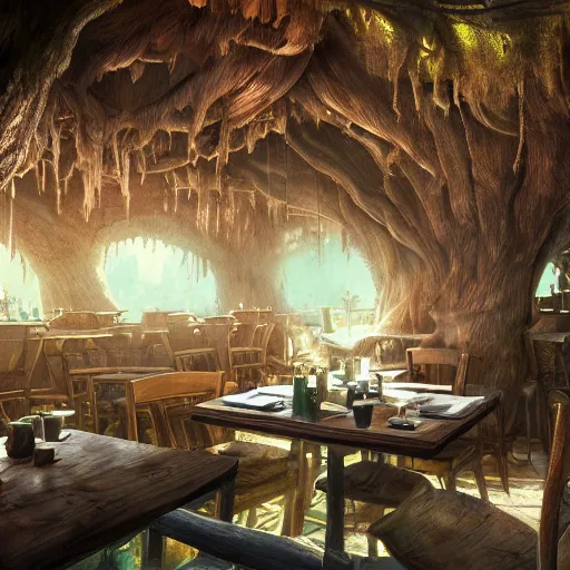 Image similar to interior of a restaurant carved out of a tree, kodak, fuji film, photoreal, 12k ursa, volumetric light, cinematic photograph concept art, intricate, artstation, studio ghibli, eddie mendoza, james chadderton