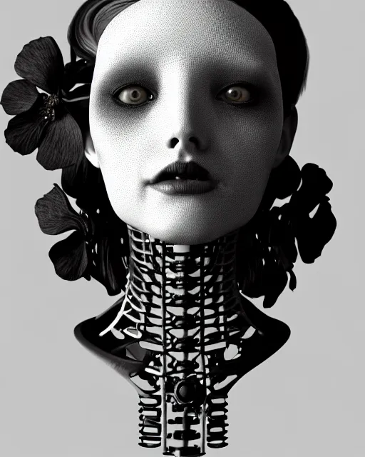 Image similar to black and white dreamy foggy smoky profile face portrait, one silver steampunk realistic eye biomechanical beautiful young female cyclope - cyborg - robot bust, body ribs meshes,, volumetric light, hibiscus flowers, by hg giger, rim light, by dora maar and cecile beaton, big gothic fashion pearl embroidered collar, 8 k