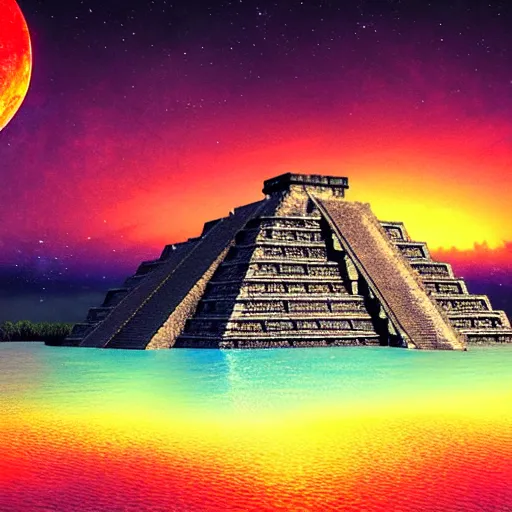 Prompt: Mayan pyramids viewed from a lake with ufos on the sky, retrowave art,cyberpunk,trending on art station,4k