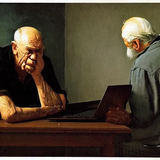 Image similar to weeping desperate grandpa trying to figure out how to order an online pizza sitting in his small room glaring at his lenovo thinkpad laptop t 4 1 0 8 gb ram norman rockwell leonardo da vinci giotto jamie wyeth greg rutkowski winslow homer thomas eakins lucian freud edward hopper j. m. w. turner oil painting