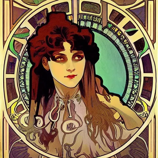 Image similar to female occult detective, painted by alphonse mucha