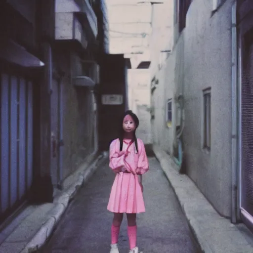 Prompt: 1990s perfect 8K HD professional cinematic photo of a japanese schoolgirl, in sci-fi alleyway at evening, at instagram, Behance, Adobe Lightroom, with instagram filters, depth of field, taken with polaroid kodak portra