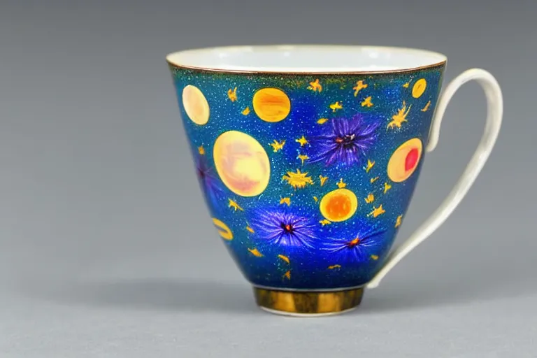 Image similar to vintage enameled cup of tea filled with starry cosmos By Salvador Dali