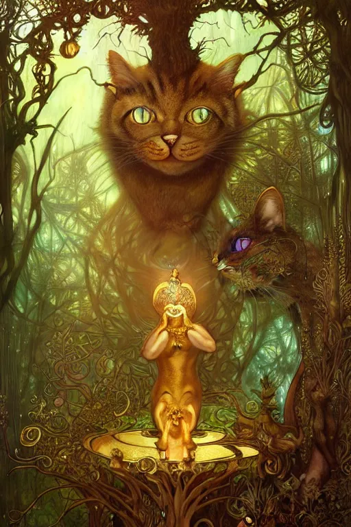 Prompt: gold cat god doing magic in the gnarly forest by Android Jones, tom bagshaw, mucha, karl kopinski