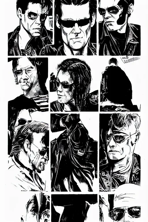 Image similar to jim carrey in the matrix, a page from cyberpunk 2 0 2 0, style of paolo parente, style of mike jackson, adam smasher, johnny silverhand, 1 9 9 0 s comic book style, white background, ink drawing, black and white