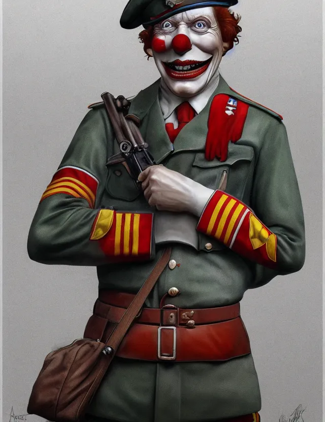 Image similar to a portrait of ronald mcdonald wearing a ww 2 german uniform, by moebius and tyler edlin and hr giger, trending on artstation, digital art, 4 k resolution, detailed, high quality, sharp focus, hq artwork, coherent, insane detail, concept art